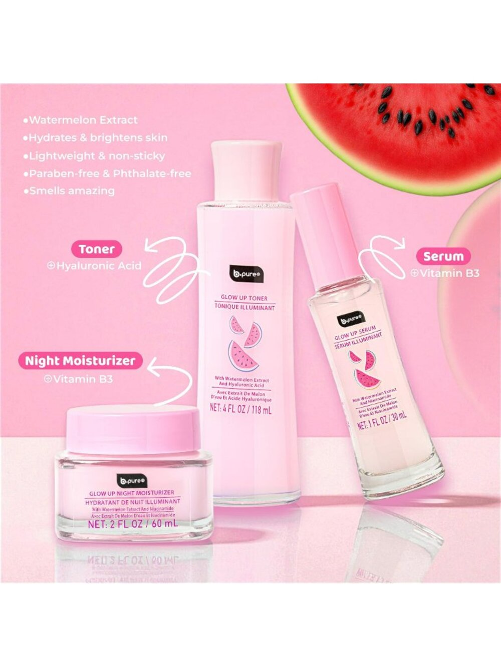 B.Pure Glow Up Watermelon Skincare Set - Toner 4oz Serum 1oz Night Moisturizer 2